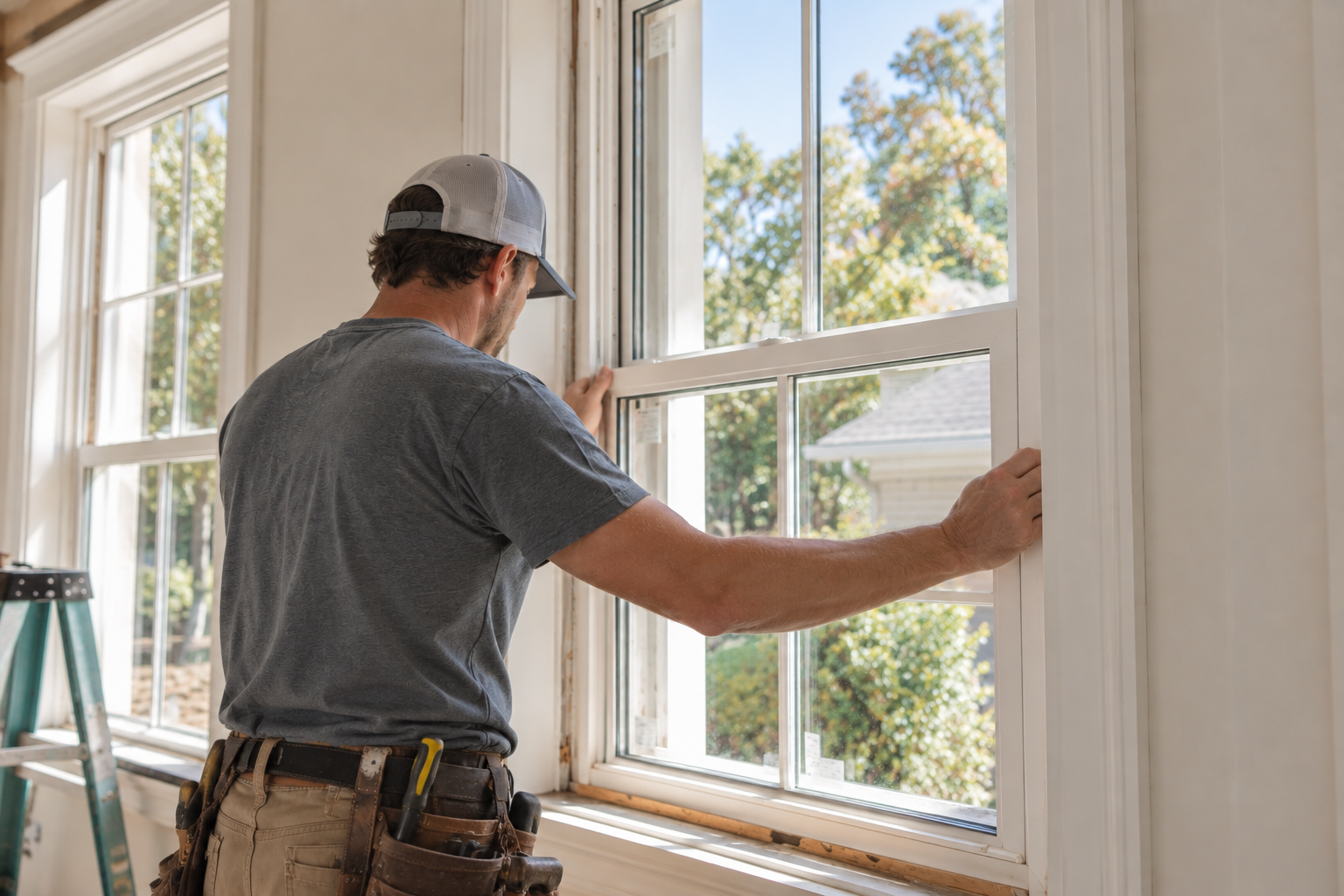 Installer fitting a white replacement window inside a home