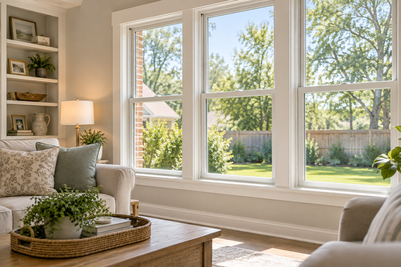 Bright living room with white replacement windows overlooking a backyard